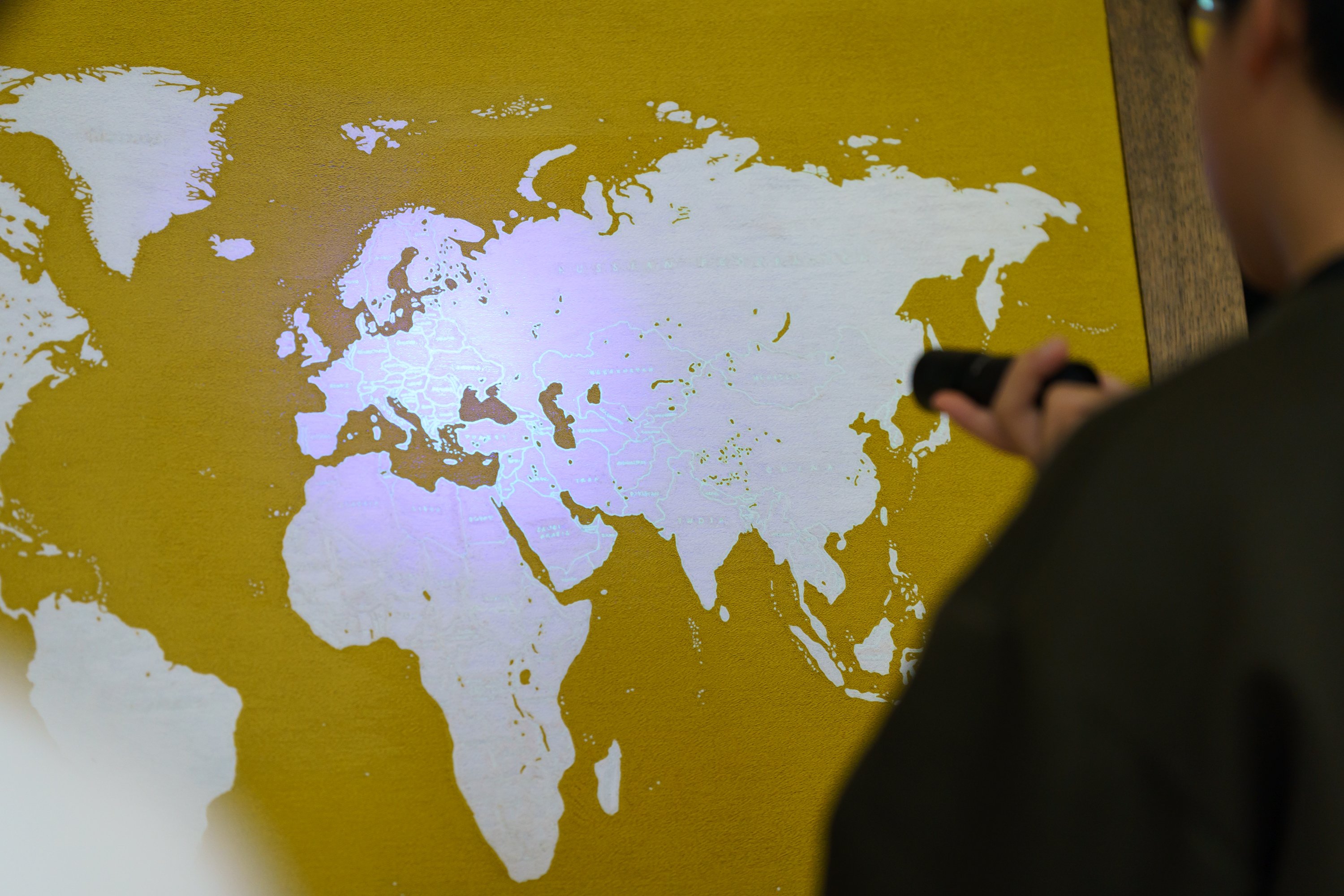 ブルーライトを当てると国境と国名が浮かび上がる作品