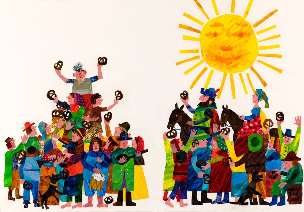 絵本の見開きの原画。左ページではパン屋を中心に、街の人々が手にプレッツェルを持って喜んでいる。右ページでは、大きなお日様がにこにこしている下に、馬に乗った身分の高い男性と女性がいる。