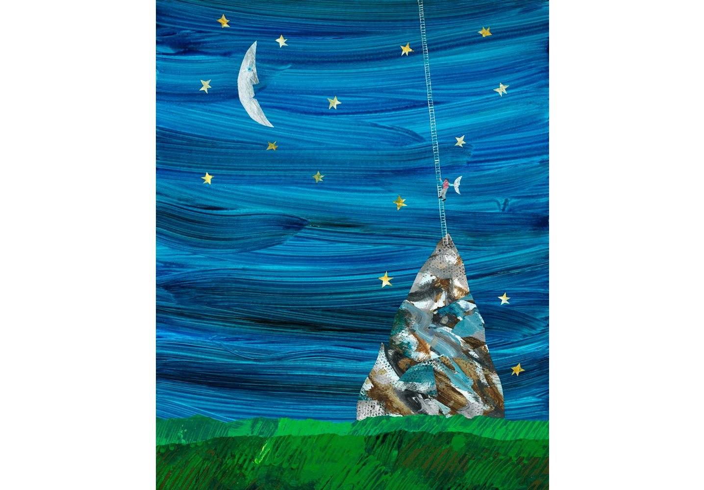 縦長の画面の下の方に緑色の地面、それ以外は濃い青の夜空。山のてっぺんからははしごが天にのびており、三日月とは逆の方向の月を手に持った人間が、はしごを降りて来る。空には同じ形の月が浮かんでいる。